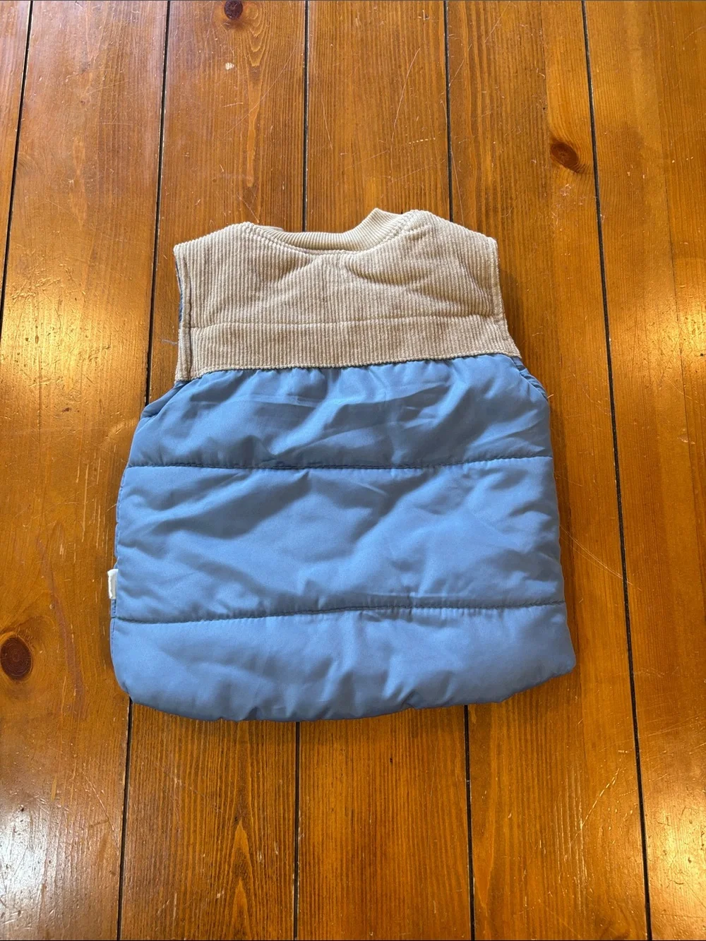 Tahari Baby Blue Puffer Vest With Tan Corduroy Trim Boys Size 18 Months EUC